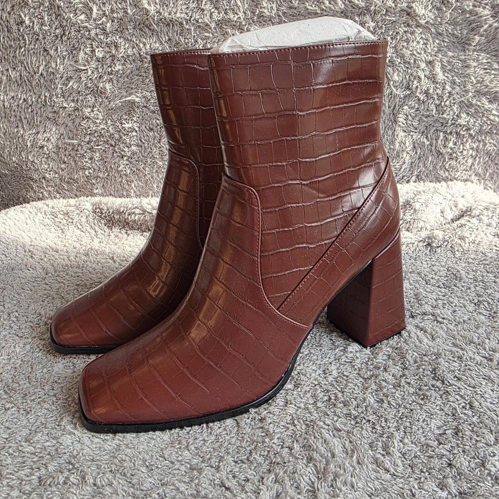 Lisa Vicky Womens Brown Croc Embossed Block Heel Ankle Boots‎ Square Toe 11M NEW